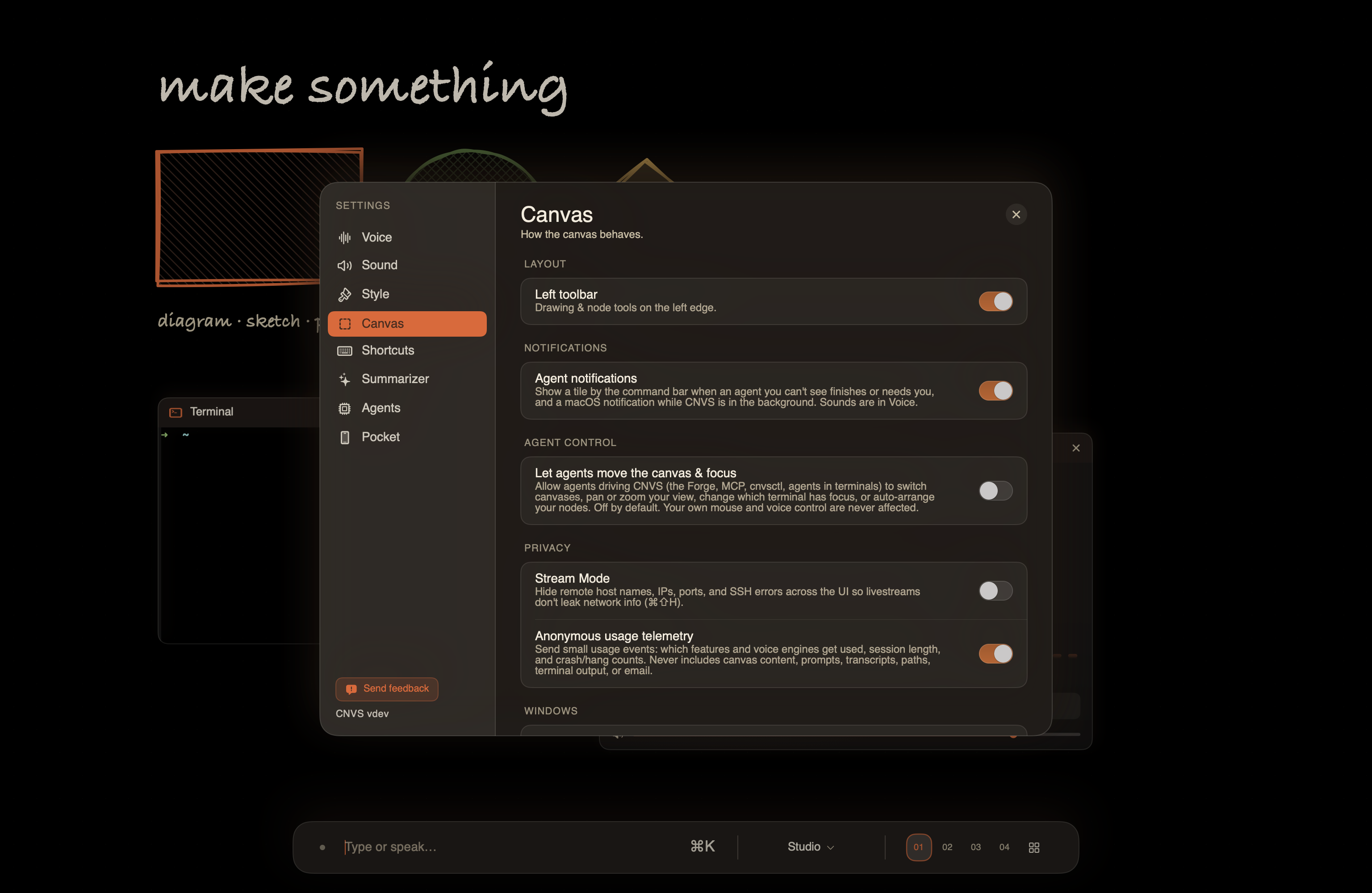 Settings ▸ Canvas, with the Agent notifications toggle