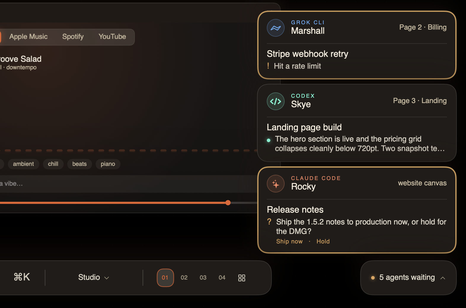 Three tiles above the command bar: a rate-limit failure, a finished reply quoted verbatim, and a question with its two options