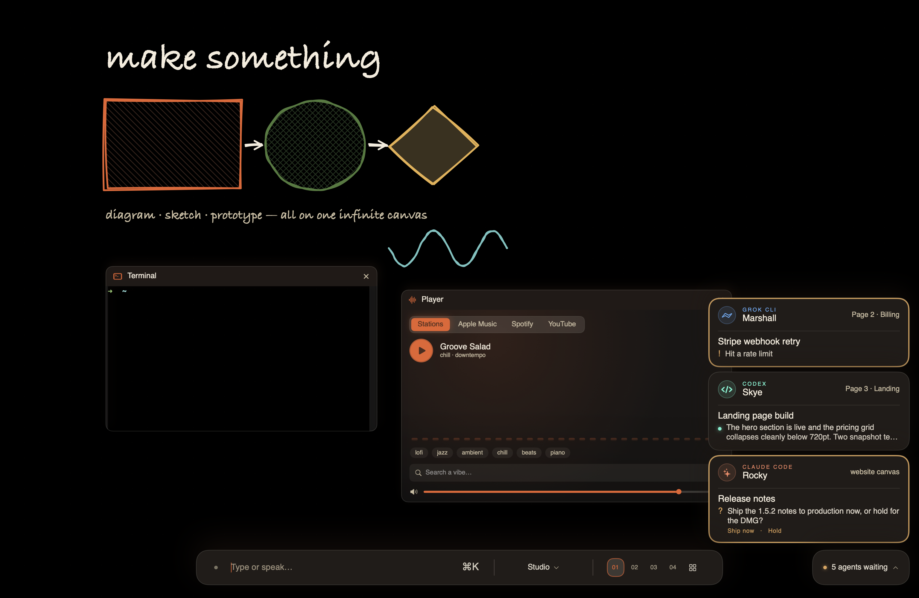 Three agent tiles standing above the command bar — a failure, a finished reply and a question with its options — beside a '5 agents waiting' chip